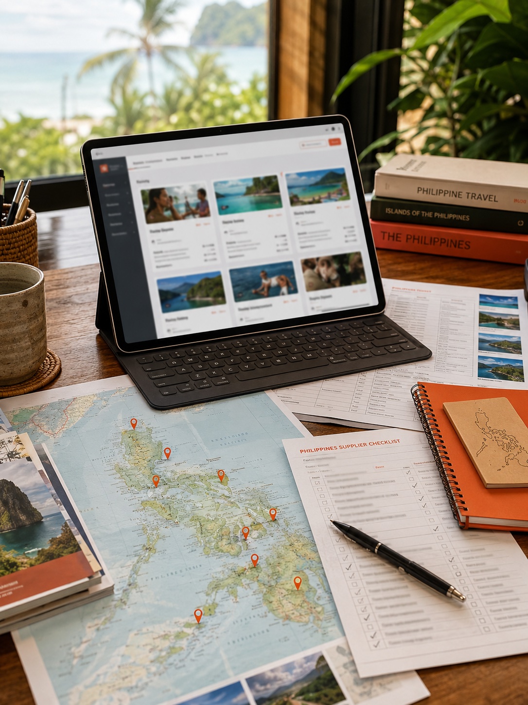 Travel agency operations desk with a tablet showing the EXPH supplier dashboard, a Philippines map with pinned destinations, and a printed supplier checklist.