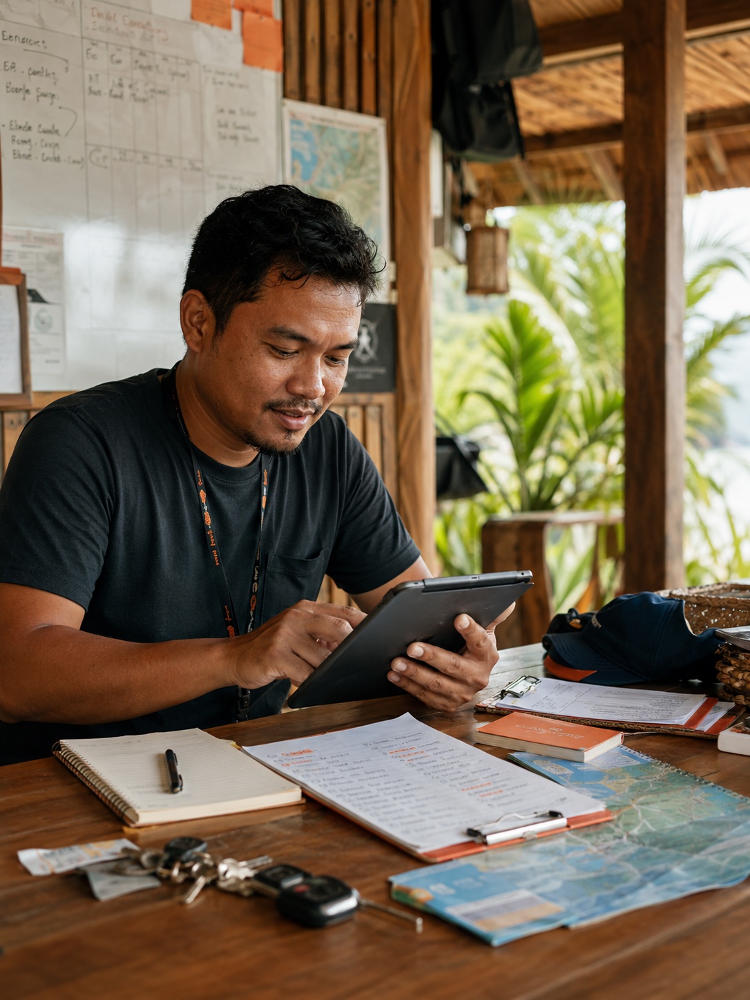 Filipino local tour operator preparing the day's bookings on a tablet at a wooden desk with notebooks, route maps, and a planning whiteboard.